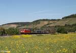 185 198-9 zieht bei Himmelstadt einen gemischten Güterzug in Richtung Würzburg.