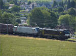 193 719 Beacon und 189 109 Akiem mit Containern bei Frick, Juni 2025.