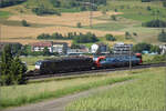 193 462 'Gallerate' SBBCI und 189 110 Beacon mit Containern bei Frick, Juni 2025.