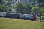 193 462 'Gallerate' SBBCI und 189 110 Beacon mit Containern bei Frick, Juni 2025.