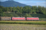 185 120 und 185 106 s�dw�rts mit Schiebewandwagen. Buggingen, September 2026.