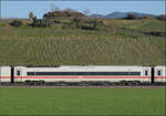 Ein neuerdings wieder überraschend sauberer ICE 4 lädt zum Einzeln-Fotografieren ein. Ob das Gelb der typischen spätnachmittäglichen Sonne im Markgräflerland geschuldet ist oder dem beim Waschen nicht mehr abgegangenen Flugro ...