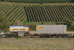 Der Wagen 33 85 4575 215-0 TEN CH-HUPAC Sgnss im Zugverband mit Re 482 030. Buggingen, September 2026.
