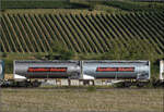Der Containertragwagen 31 80 4556 585-6 RIV D-AAEC Sgns im Zugverband des B�umlezugs mit 264 003. Buggingen, September 2026.
