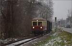 Weihnachtsfahrt des Kanderli.

VT 3 der Kandertalbahn mit dem Museumszug bei Binzen. Dezember 2022.