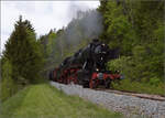 Saisonstart bei der Sauschwänzlesbahn. 

Einfahrt für 50 2988 aus dem Tunnel bei Grimmelshofen in den Bahnhof Grimmelshofen. April 2024.