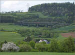Abschiedfahrten von 52 7596.

Auf Bergfahrt ber den Biesenbachviadukt. Epfenhofen, Mai 2025.