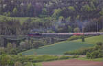 Abschiedfahrten von 52 7596.

Auf Bergfahrt ber den Biesenbachviadukt. Epfenhofen, Mai 2025.