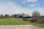 223 143 rollt langsam mit dem Wiesau Containerzug bei Schönfeld ihrem Ziel entgegen.