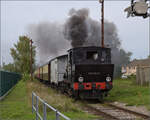 Im Elsässer Ried mit der CFTR.

030 TB 134  Theodor  fährt mit dem Zug am Betriebswerk der Museumsbahn CFTR vorbei. Volgelsheim,  September 2024.