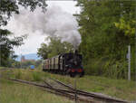 Im Elsässer Ried mit der CFTR.

Abfahrt von 030 TB 134  Theodor  aus dem in Volgelsheim umbenannten  Neu-Breisacher Feldbahnhof . Volgelsheim, September 2024.