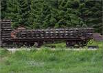 Coni'Fer    Mitten im Wald Gleisbauarbeiten, nicht nur zwei Bagger sondern auch offenbar neuverlegte Gleise, darauf Gterwagen mit mehr Gleisen.