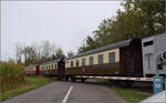 Im Elssser Ried mit der CFTR.

Die sterreichischen Spantenwagen im Donnerbchsendesign. Von links Barwagen 39946 'Volgelsheim', 39931 'Markolsheim' und 39948 'Biesheim' in Volgelsheim. September 2024.