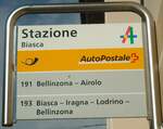 (147'864) - PostAuto-Haltestellenschild - Biasca, Stazione - am 6.