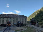 (220'016) - DFB-Dampflokomotiven - Nr. 1, 9 + 704 - mit Personal am 22. August 2020 in Gletsch