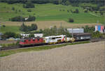 Re 4/4 II 11267 mit der Duolino 2 von Rhomberg-Sersa (40 85 9581 925-6 CH RSRM) und ihrem Materialwagen.