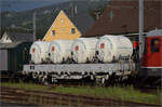 Heute bei der DSF: Lgmqs 140-Flachwagen mit Fuhrwerken der Feldschlösschen Bier aus den Tagen des Brauereigauls...