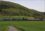 Nach dem Fest im Feldschlösschen. 

Der gesamte Zug mit Ae 6/6 11407, dann der Sihlthalbahnwagen C69 und C68, dazwischen das Tigerli E 3/3 8512, dann der Mitropaspeisewagen und am Ende das Chnurrli E 2/2 5666. Zeihen, April 2023.