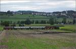 Der Museumszug der Sursee-Triengen-Bahn mit Tigerli E 3/3 8522 bei Geuensee. August 2024.