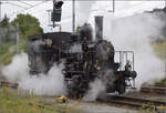 Das Tigerli E 3/3 8522 umfhrt den Museumszug der Sursee-Triengen-Bahn in Sursee. Dabei gilt es den Regelverkehr zu beachten, und der ist mit zahlreichen Zgen auf der Strecke unterwegs. Allerdings ist Geduld nicht die Strke eines jeden Bsi und so randaliert das Tigerli wutschnaubend, bevor es weiter rangieren darf. August 2024.