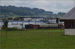 Der Museumszug der Sursee-Triengen-Bahn mit Tigerli E 3/3 8522 bei Geuensee. August 2024.