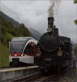 g-34-sbb-14/801800/ballenberg-dampfbahn-nach-innertkircheng-34-208 Ballenberg Dampfbahn nach Innertkirchen.

G 3/4 208 macht in Oberriet ein paar Manöver für die Tribüne. Oktober 2019.