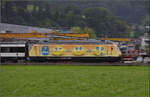 Re 460 029 mit Bananenwerbung zieht einen Fernzug mit EW IV-Wagen durch Reiden.