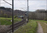 Re 475 424 mit einem Containerzug bei Lottstetten. April 2026.
