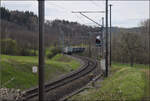 Re 475 424 mit einem Containerzug bei Lottstetten. April 2026.