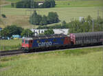 Re 6/6 11678 'Bassersdorf' mit Planenwagen bei Frick, Juni 2025.