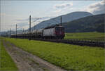 Re 6/6 11686 'Hochdorf' mit dem Hlcimzug im Dünnerenfeld. Oensingen, August 2025.