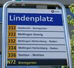 (262'315) - A-welle/PostAuto-Haltestellenschild - Mellingen, Lindenplatz - am 12.