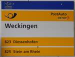 (263'537) - PostAuto-Haltestellenschild - Weckingen - am 9. Juni 2024 in Faido, Garage Barenco