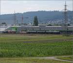 Und da kommt der erwartete Zug, berraschend lang mit dem Apfelsaftexpress Be 3/4 43 'Tino', C2 5820 'Thurgauer Stube', dem mir bis dato unbekannten Dynamometerwagen Xd4 99701, dem Transportgut, einem