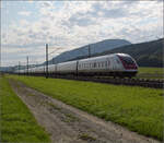 RABDe 500 008 'Vincenzo Vela' und RABDe 500 001 'Jean Piaget' im Dünnerenfeld. Oensingen, August 2025.