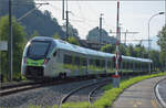 Zuerst muss die S-Bahn nach Luzern passieren. RABe 528 201 kurz vor Menznau. August 2025.