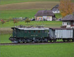 Sonderfahrt mit Be 4/4 102 der Emmentalbahn nach Brugg. 

Hier kommt der Museumszug über die Präsentationswiese gefahren. Rohrbach, November 2025.