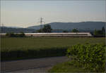 Für Abwechslung bei Hendschiken sorgt ein umgeleiteter Fernverkehrszug mit RABe 501 025 'Geneve' und RABe 501 020 'Luzern'.