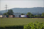 Re 474 002 mit einem Containerzug bei Hendschiken, Juni 2025.
