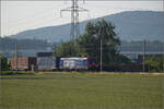 Re 474 002 mit einem Containerzug bei Hendschiken, Juni 2025.