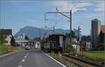 Der Museumszug mit Seetalkrokodil De 6/6 15301, Ae 3/5 10217 und Seetalwagen auf dem Weg nach Ballwil vor der Kulisse der Rigi.