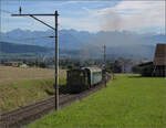 E 3/3 'Beinwyl' der Seethalbahn mit BLS A 801 und SBB F 16847 erklimmt die Rampe von Eschenbach nach Ballwil.