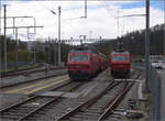 Zu den Ostereiern im Sihlwald.

Re 456 101 bzw. SZU 546 im Bahnhof Langnau-Gattikon, daneben  Re 456 102 bzw. SZU 547. März 2024.