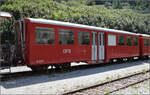 Der Mitteleinstiegswagen B 4267 wurde 1963 von der SIG noch an die BVZ geliefert. Er wurde 2015 von der BFD bernommen und ist danach betriebsfhig aufgearbeitet worden. Gletsch, August 2025.