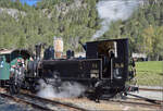 Lok Heidi G 3/34 11 hat in Surava ihren Zug zur R�ckkehr nach Samedan umfahren und kuppelt nun auf der Bergseite wieder an den Museumszug an. September 2026.
