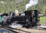 Lok Heidi G 3/34 11 hat in Surava ihren Zug zur R�ckkehr nach Samedan umfahren und kuppelt nun auf der Bergseite wieder an den Museumszug an. September 2026.