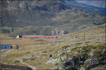 ABe 8/12 3514 'Placidus Spescha' bringt einen Regionalzug die Steigung zum Lago Bianco hinauf. Gesehen von der Berninapassh�he im September 2026.