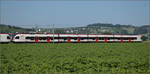 RABe 521 023 'Ajoie' und RABe 523 036 bei Hendschiken, Juni 2025.