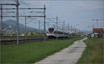 RABe 523 044 und RABe 523 053 bei Neumatten, Oberbuchsiten. August 2025.