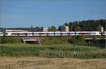 RABe 523 067, RABe 523 063 und RABe 523 007 bei Salina Raurica. August 2025.